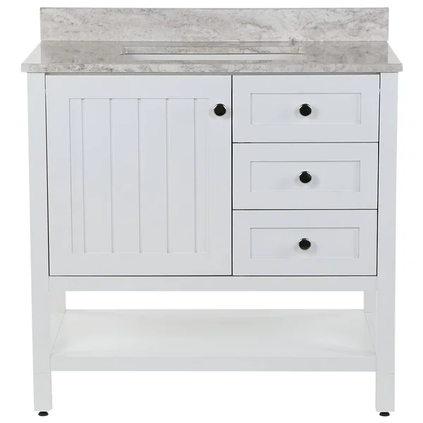 Home Decorators Collection Lanceton 37 in. W x 22 in. D Bath Vanity in White with Stone Effects Vanity Top in Winter Mist with W