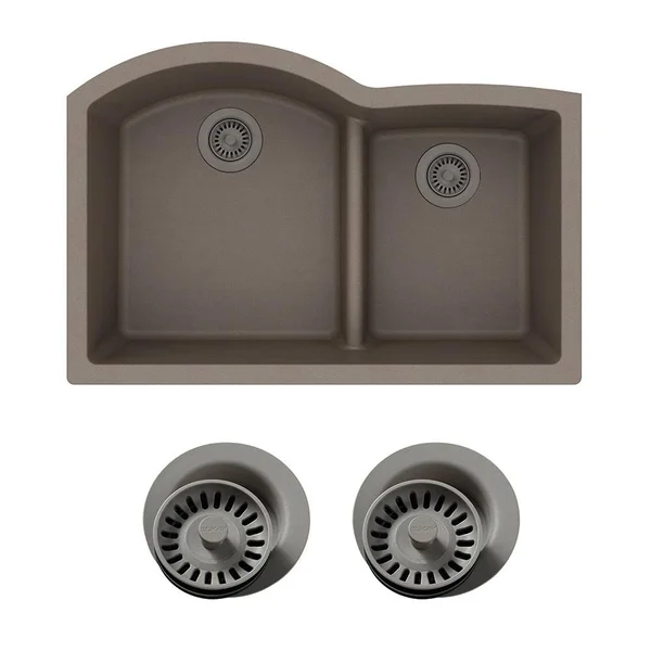 Elkay Quartz Classic Undermount Composite 33 in. Rounded Offset Double Bowl Kitchen Sink in Greige with Color Match Drain VBTHD5