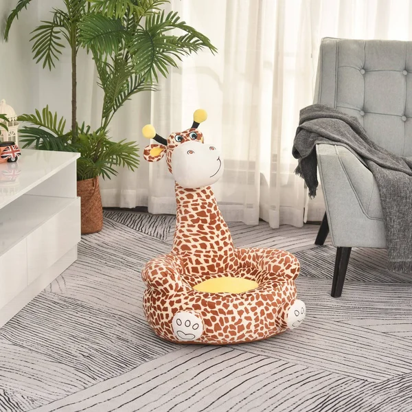 Qaba Giraffe Shaped Kid Sofa Flannel Covered Armchair Stick Horse Child Chair with Padded Seat for 18 to 36 Months - Brown