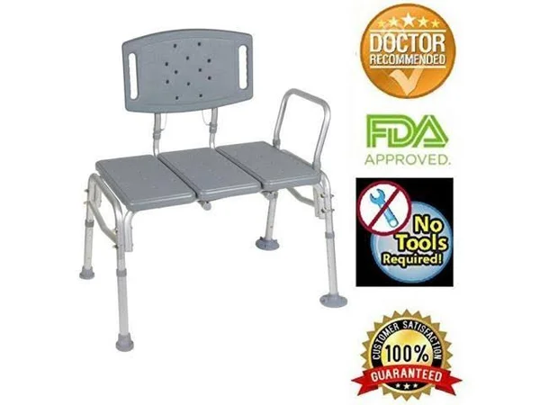 Healthline TRANSFER Bench Adjustable Height - Heavy Duty Bariatric Tub TRANSFER Bench with BACK, Non