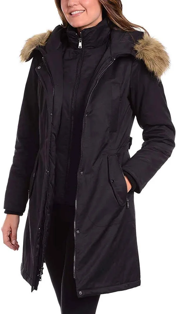 1 Madison Ladies& Water Resistant Long Parka with Faux Fur Hood - Black