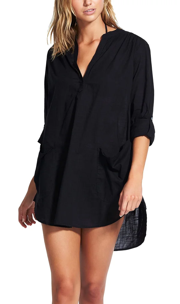 Seafolly Boyfriend Beach Shirt, Black, Women's, M