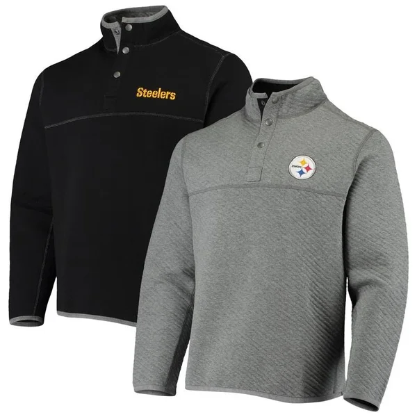 Tommy Bahama Pittsburgh Steelers Gray/Black Quilt to Last Reversible Tri-Blend Pullover Sweater Size: Large