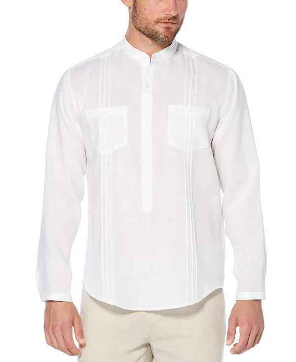 Cubavera Men's 100% Linen Popover Long-Sleeve Shirt - Bright White