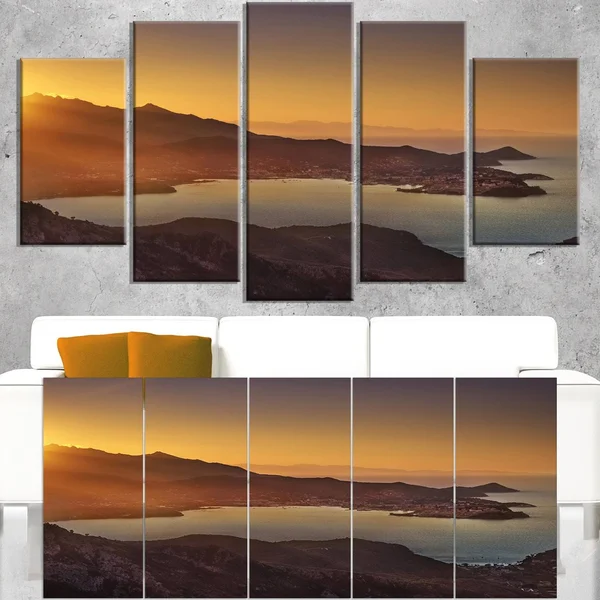 Design Art Portoferraio Bay Beach Aerial View - Extra Large Seashore Canvas Art, 60 in. Wide x 28 in. High - 5 Equal Panels