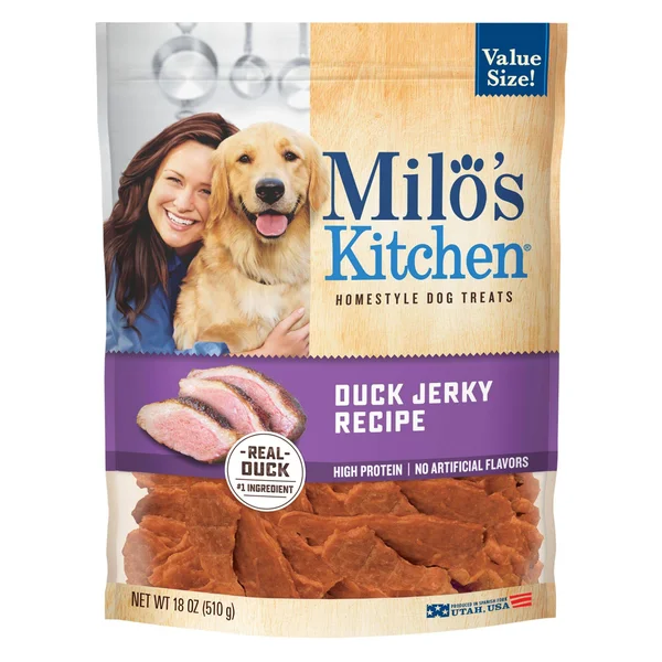 Milos Kitchen Dog Treats - Home-Style, Duck Jerky Recipe, Value Size - 18 oz