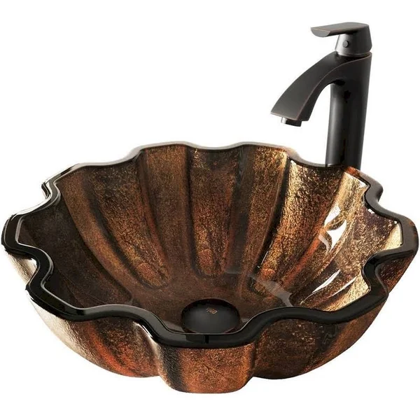 Vigo VGT421 Walnut Shell Glass Sink and Vessel Linus Faucet Set in Antique Rubbed Bronze