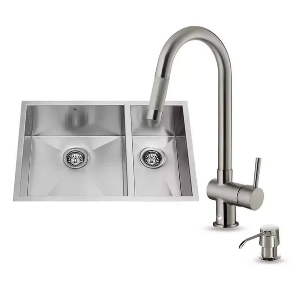 Vigo VG15182 All in One 29x22 Undermount Stainless Steel Double Bowl Kitchen Sink and Faucet Set