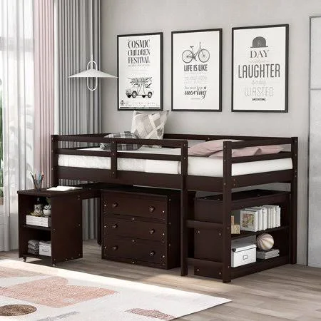 Kepooman Twin Size Modern Wooden Low Study Loft Bed with Cabinet & Rolling Desk, 78.3 inch x 42.5 inch x 44.5 inch, Espresso