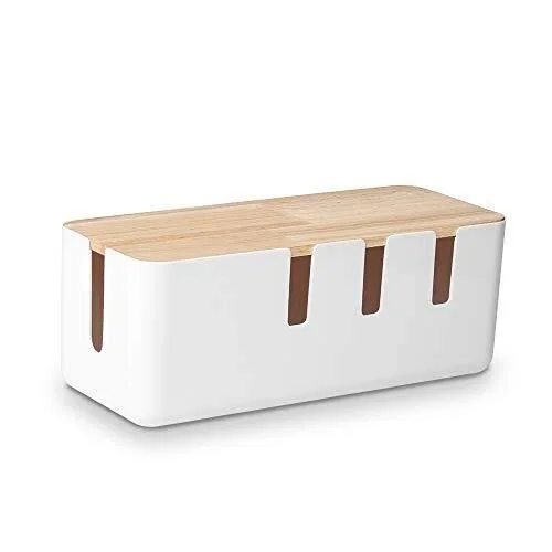 Cable Management Box by Baskiss - 12x5x4.5 Inches, Wood Lid, Cord Organizer for Desk TV Computer USB Hub System to Cover and Hide