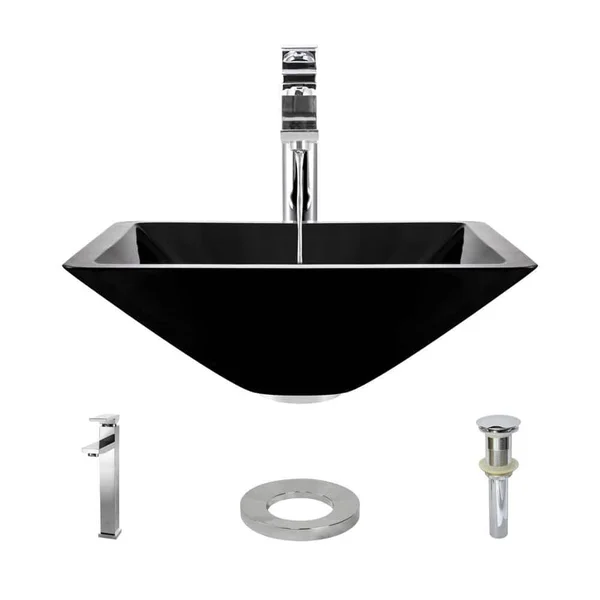 Rene R5-5003-NOR-R9-7003 16-1/2x22 Glass Vessel Bathroom Sink with Vessel Faucet Noir Dark, Chrome