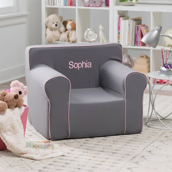 Here and There Personalized Kids Chair - Gray Canvas, Pink