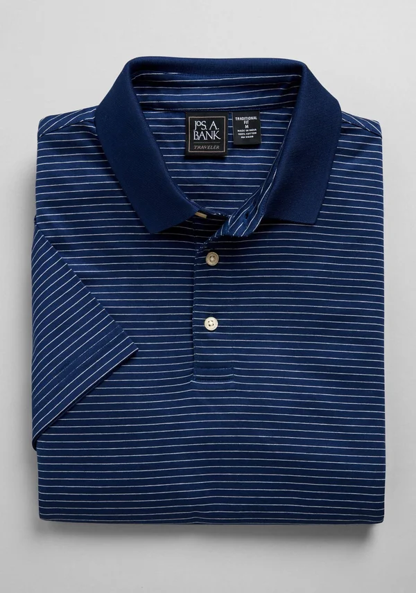 JoS. A. Bank Men's Traveler Collection Traditional Fit Stripe Short-Sleeve Polo Shirt, Navy, x Large