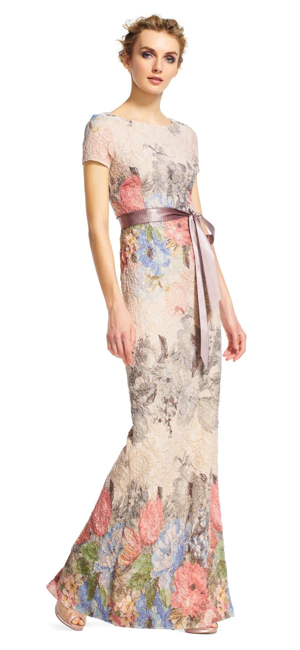 Adrianna Papell Floral Matelasse Gown - Blush Multi, Size: 2