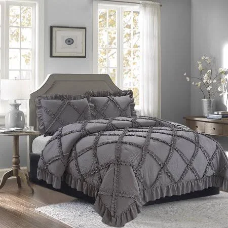 Hig 3 Piece Handmade Feminine Ruffle Applique Bedding Queen Size - 4 Ruffle Trim - 100% Cotton-Feel Microfiber - Shrink Resistan