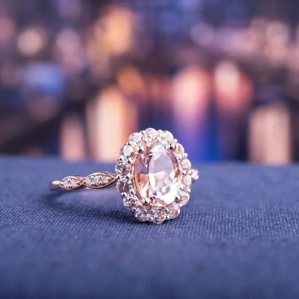 Miadora 14K Rose Gold Morganite and White Topaz and Diamond Halo Ring (Size: 6) - Women's, Pink