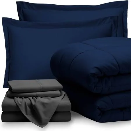 Bare Home 8-Piece Bed-in-a-Bag - Split King (comforter Set: Dark Blue - Sheet Set: Gray)