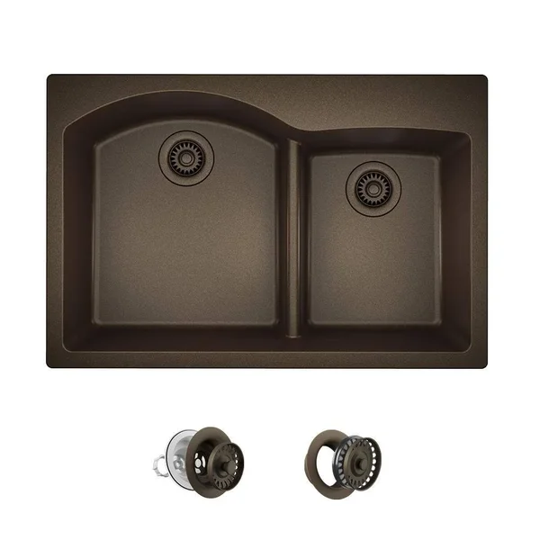 Mr Direct T811-M-CSTFL Quartz Granite 33x22 L x 22x22 W Double Basin Drop-In Kitchen Sink with STRAINER and Flange Finish: Mocha