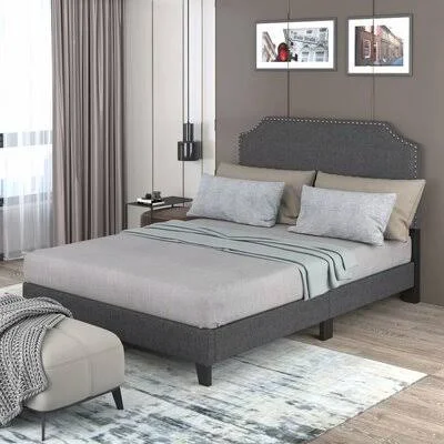 Modern Style Upholstered Platform Bed Frame Twin Size Bed Frame with Nailhead Trim Headboard, For Bedroom (Dark Grey) Latitude Ru