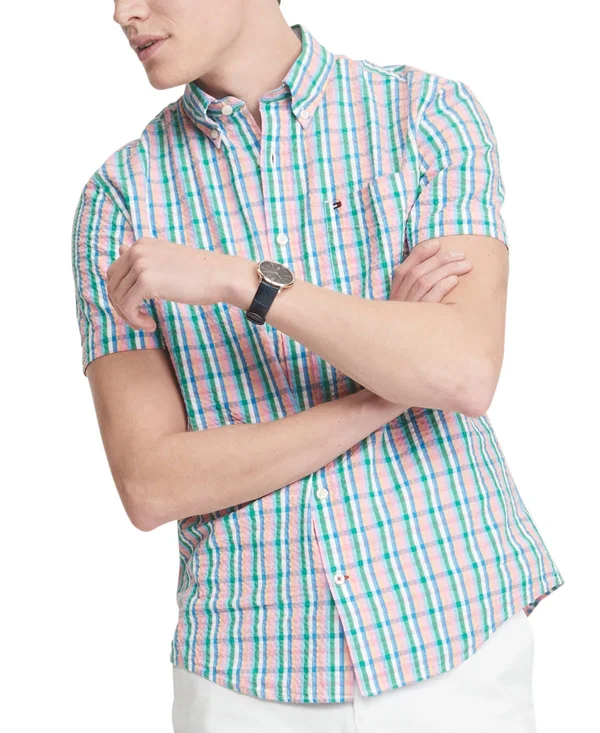Tommy Hilfiger Men's Custom-Fit Taron Seersucker Check Short Sleeve Shirt - Rose Bloom