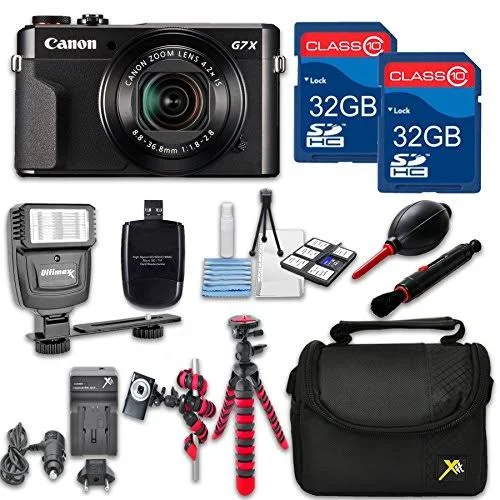 Canon PowerShot G7 x Mark II (Black) HS Point and Shoot Digital Camera - w/ Case + 64GB Memory + Flash + Tripod + Case + Cleaning