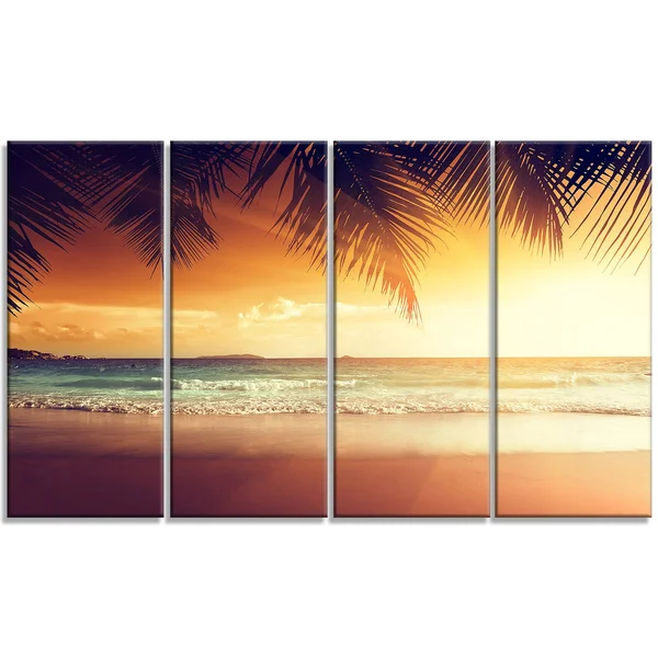 Designart &Palm Leaves on Caribbean Seashore& 4 Piece Graphic Art on Wrapped Canvas Set