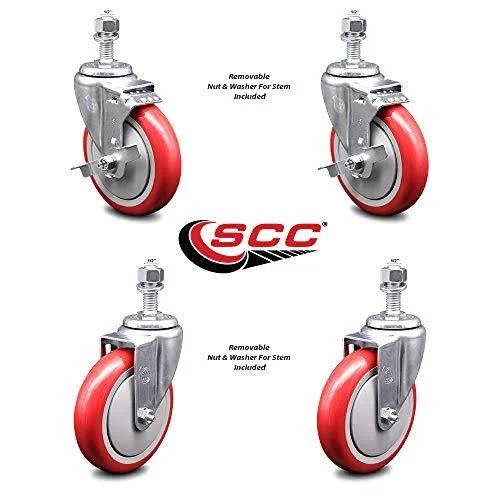 Polyurethane Swivel Threaded Stem Caster Set of 4 w/5 inch x 1.25 inch Red Wheels and 1/2 inch Stems - Includes 2 with Top Locki