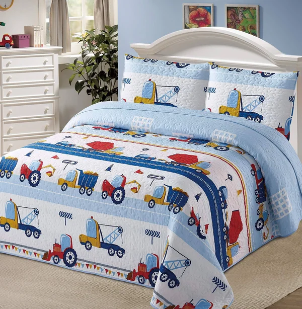 Better Home Style White Blue Red Construction Site Kids/Boys/Toddler Coverlet Bedspread Quilt Set with Pillowcases and Tractor D