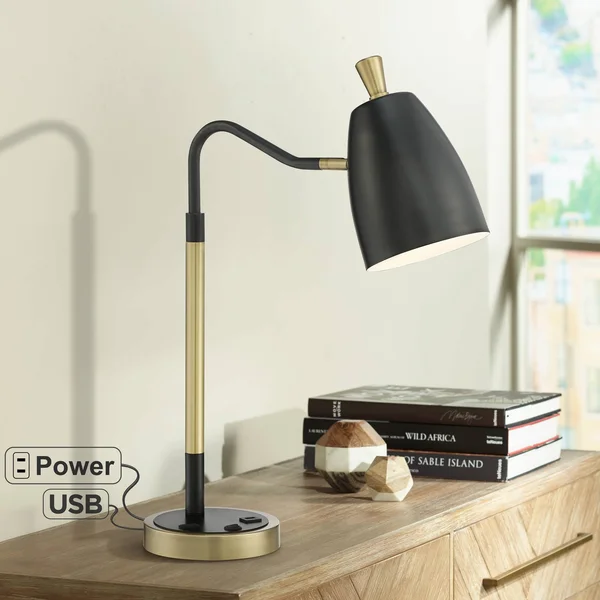 Possini Euro Design Mid Century Desk Table Lamp with USB and AC Power Outlet in Base Gold Metal Black Shade Living Room Bedroom