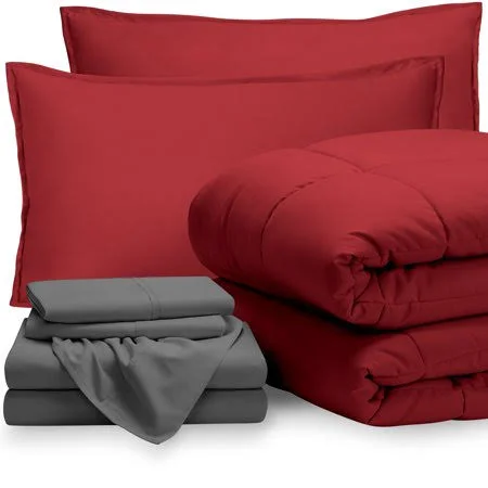 7-Piece Bed-in-a-Bag - Queen (comforter Set: Red, Sheet Set: Gray)