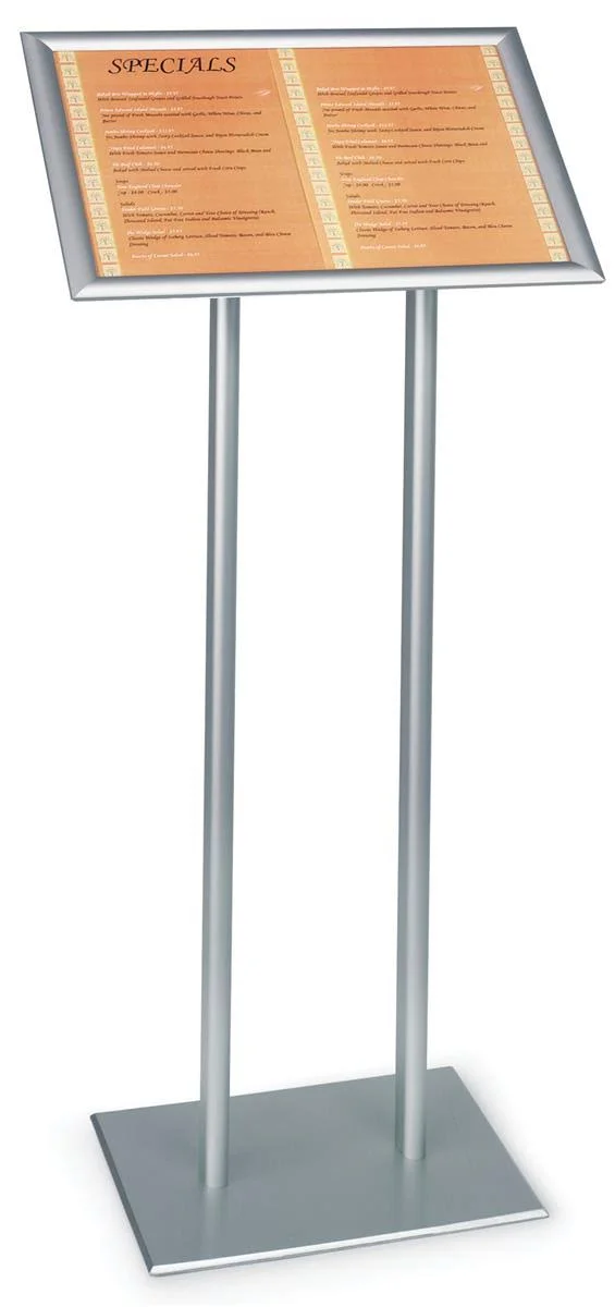 22 x 48 x 14-Inch, Silver Finish Poster Stand with Double Pole Base, Free-standing, Snap-Open Frame with Clear Protective Lens (