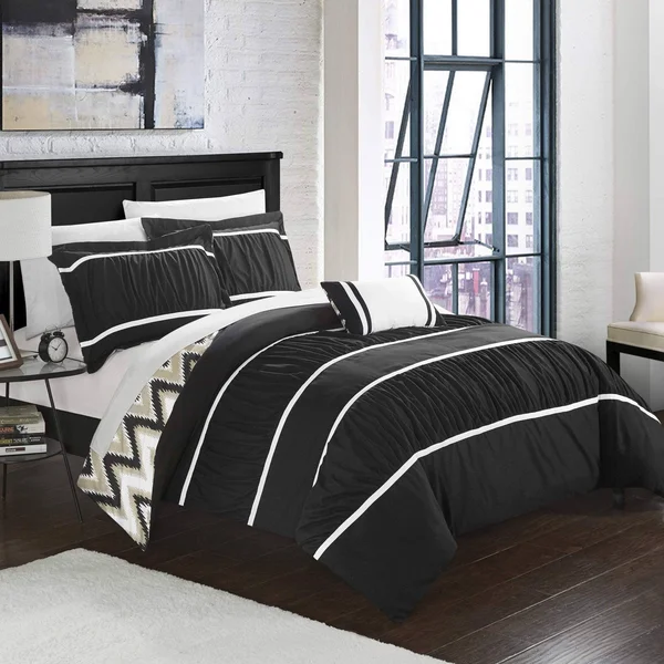 Chic Home Bella 8 Piece Comforter Set Reversible Bed in A Bag Black, King