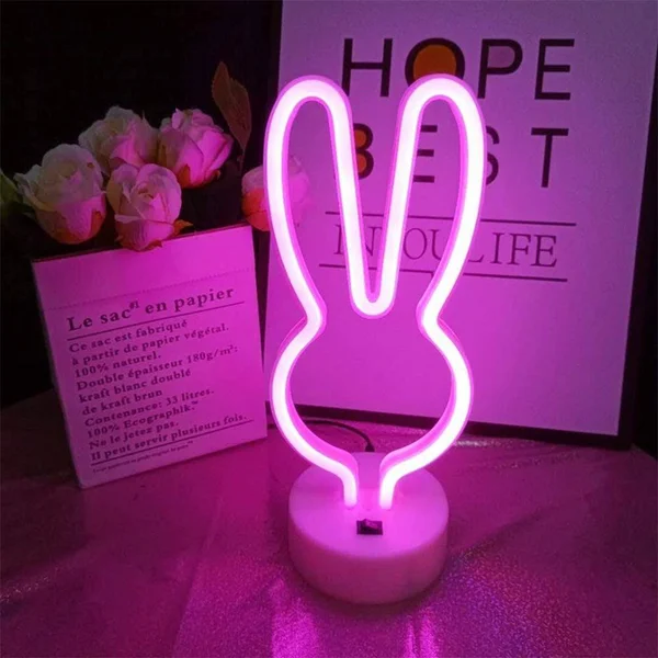 LED Decorative Rabbit Neon Signs Light Pink LED Cute Animal Neon MARQUEE Light with Base Art Wall Decor for Baby Room Child Part