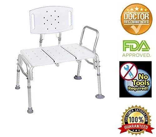TRANSFER Bench Adjustable Height, Heavy Duty Bariatric 500 lb Plastic Seat with Back Non-Slip Seat White by Healthline