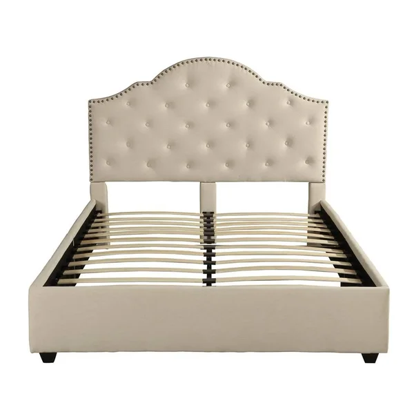 Noble House Allyssa Contemporary Fabric Button-Tufted Upholstered Queen Bed Frame with Nailhead Accents - Beige