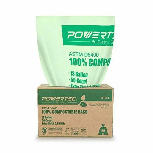 Powertec ASTM D6400 Certified Compostable Bags 200 Count - 49.2 LITER - 13 Gallon Trash Bags, 0.85 mil, US BPI and European Ok C