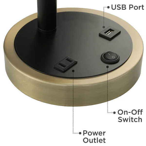 Possini Euro Design Mid Century Desk Table Lamp with USB and AC Power Outlet in Base Gold Metal Black Shade Living Room Bedroom