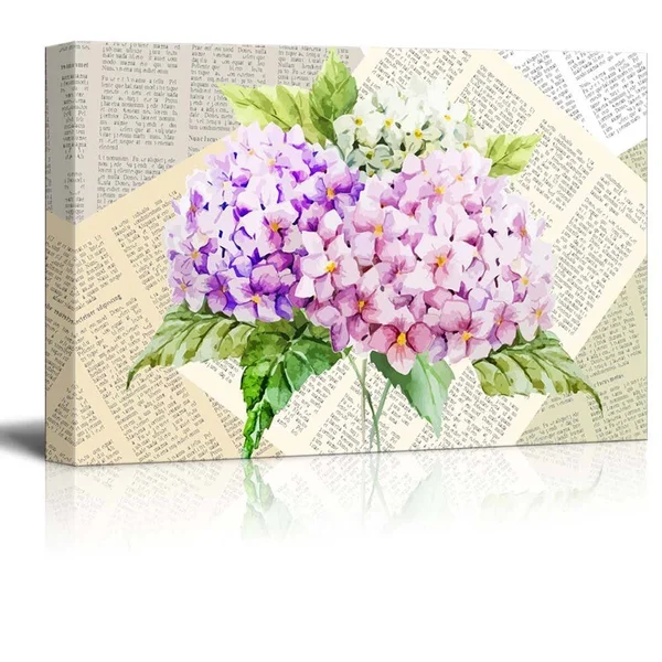 Wall26 Canvas WLL Art - Watercolor Style Pink and Purple Flower on Vintage Newspaper Background - Giclee Print and Stretched Rea