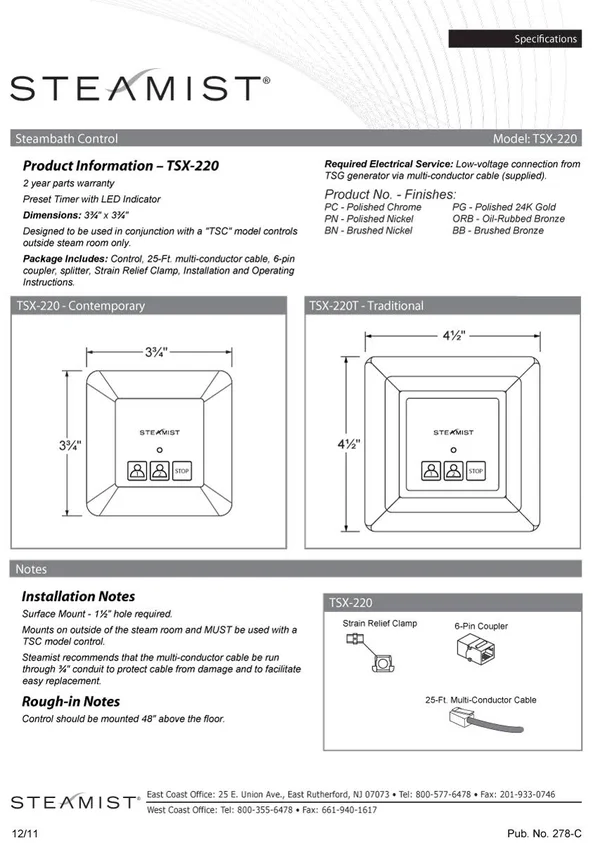 Steamist TSX-220 Total Sense Transitional Steambath On/Off Control - Brushed Bronze
