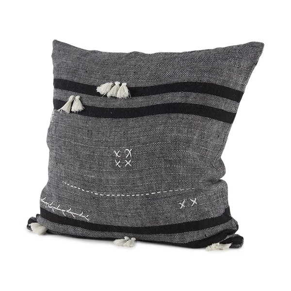 Sibyl 18L x 18W Dark Gray and Black Fabric Striped and Fringed Decorative Pillow Cover - Mercana 69419