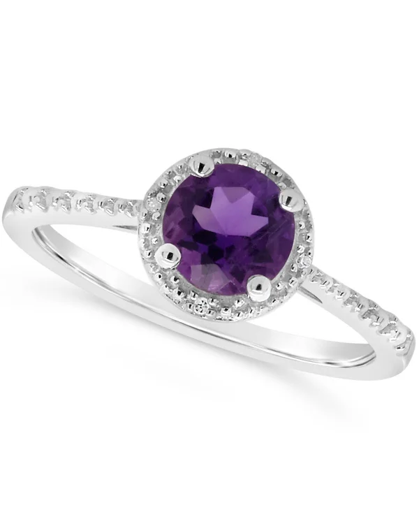 Ladies Sterling Silver Amethyst and Diamond Accent Ring