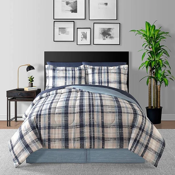 Harper Plaid 8-Piece Reversible King Comforter Set in Blue
