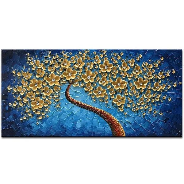 Tyed Art- Flowers Contemporary Art Abstract Golden Flowers Tree Paintings 100% Hand-Painted 3D Abstract Art Canvas Wall Art Mode