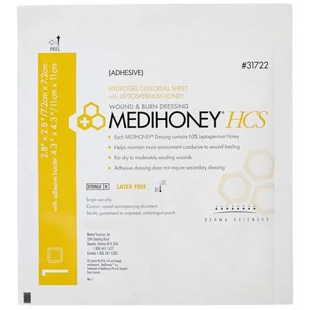 Derma Sciences 31722 Medihoney Dressing Hydrogel Colloidal Sheet - Adhesive, 2.8 inch Width x 2.8 inch Length (5 Packs of 10), Wo