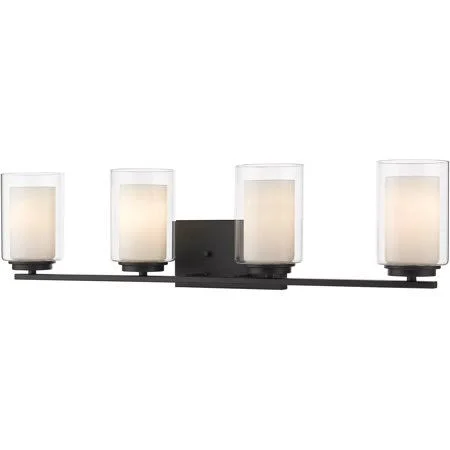 Matte Black Tone Finish Bathroom Vanity 32 inch Wide Inner White & Outer Clear Glass Shade Steel Material Medium 4 Light Fix