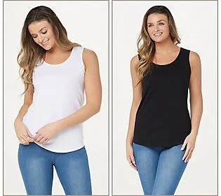 Belle by Kim Gravel TripleLuxe Pima Set of 2Knit Tanks, Size Small, White/Black
