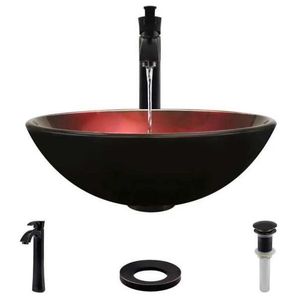 Rene R5-5007-R9-7006-ABR Foil Undertone Glass Vessel Sink with Antique Bronze Vessel Faucet - Sink Ring, and Vessel Pop-Up Drain