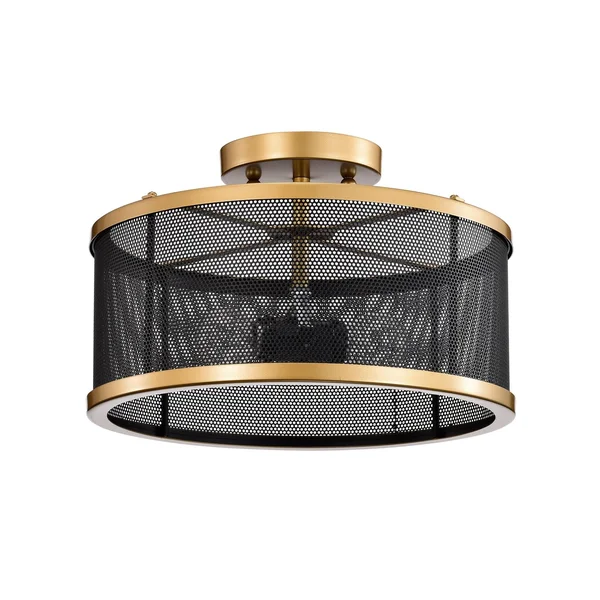 Perin Matte Black+Gold 2-Light Metal Drum Semi-Flush Mount 2015/2SF