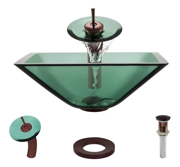 Rene R5-5003-IVY-WF-ORB Ivy Colored Glass Vessel Sink with Oil Rubbed Bronze Waterfall Faucet - Sink Ring, and Vessel Pop-Up Drai
