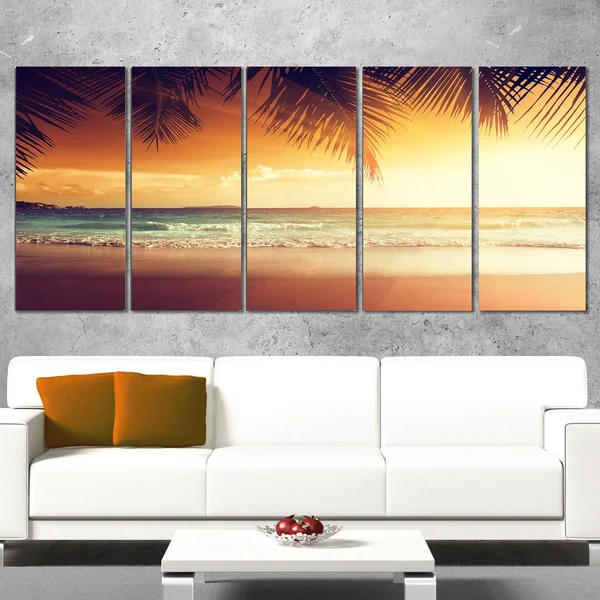 Designart &Palm Leaves on Caribbean Seashore& 4 Piece Graphic Art on Wrapped Canvas Set